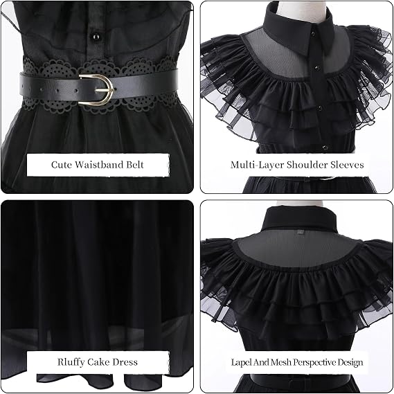Black Costume Dress Kids Girls Black Cosplay Halloween Party Dress Up Gothic Costume with Accessories