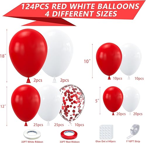 Miniatura 4 de YAOWKY Kit de arco de guirnalda de globos rojos y blancos, 124 globos de látex rojo mate blanco mate de 18, 12, 10, 5 pulgadas y globos de confeti
