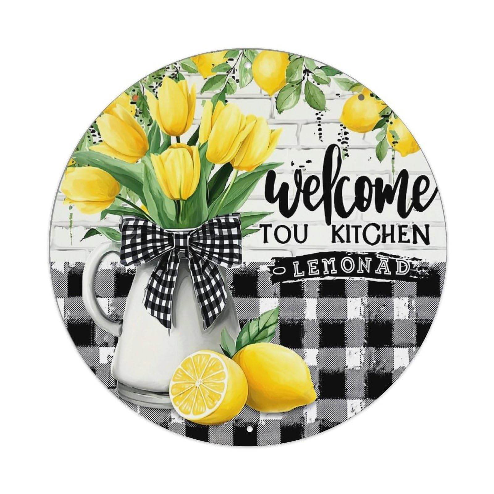Jdyaojiesheng Vintage Welcome Kitchen Lemonade Tulips Lemons Round Tin Sign Retro Metal Wall Decor Metal Poster, Home Bar Garage Farmhouse Cafe Wall Art Decoration 8X8inch