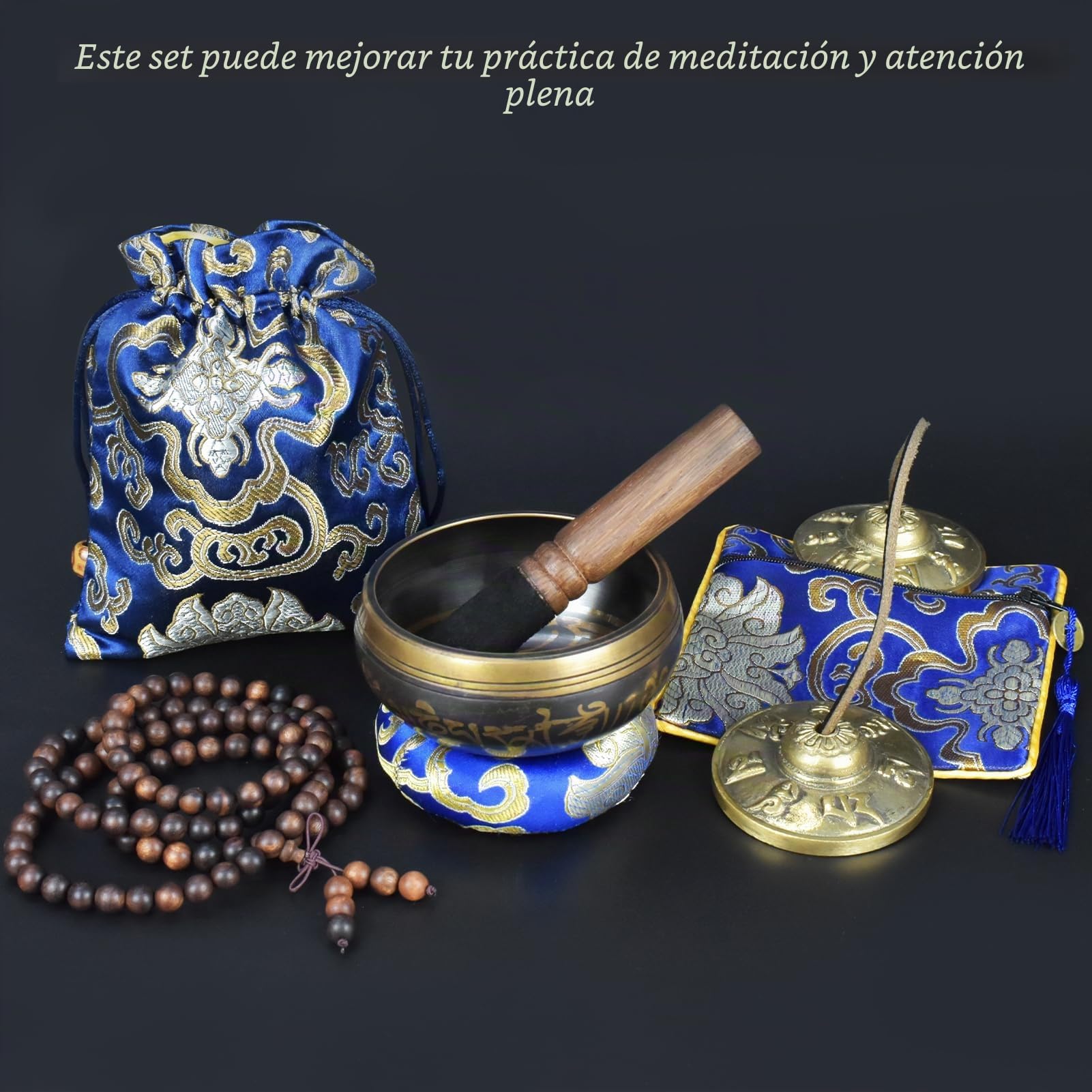 Artcome Juego de 7 piezas de meditación: cuenco tibetano y platillos Tingsha hechos a mano en Nepal para yoga, curación de chakras, alivio del estrés y atención plena