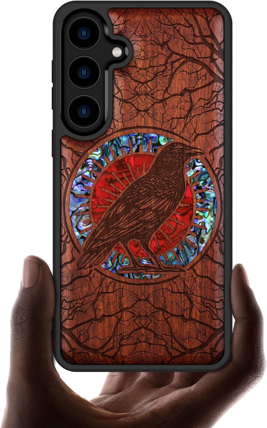 Carveit Designer Wooden Case for Samsung Galaxy S24 Plus - Wood Engraving & Shell Inlay - Compatible with Wireless Chargers - S24 Plus Case (The Haloed Crow - Rosy)