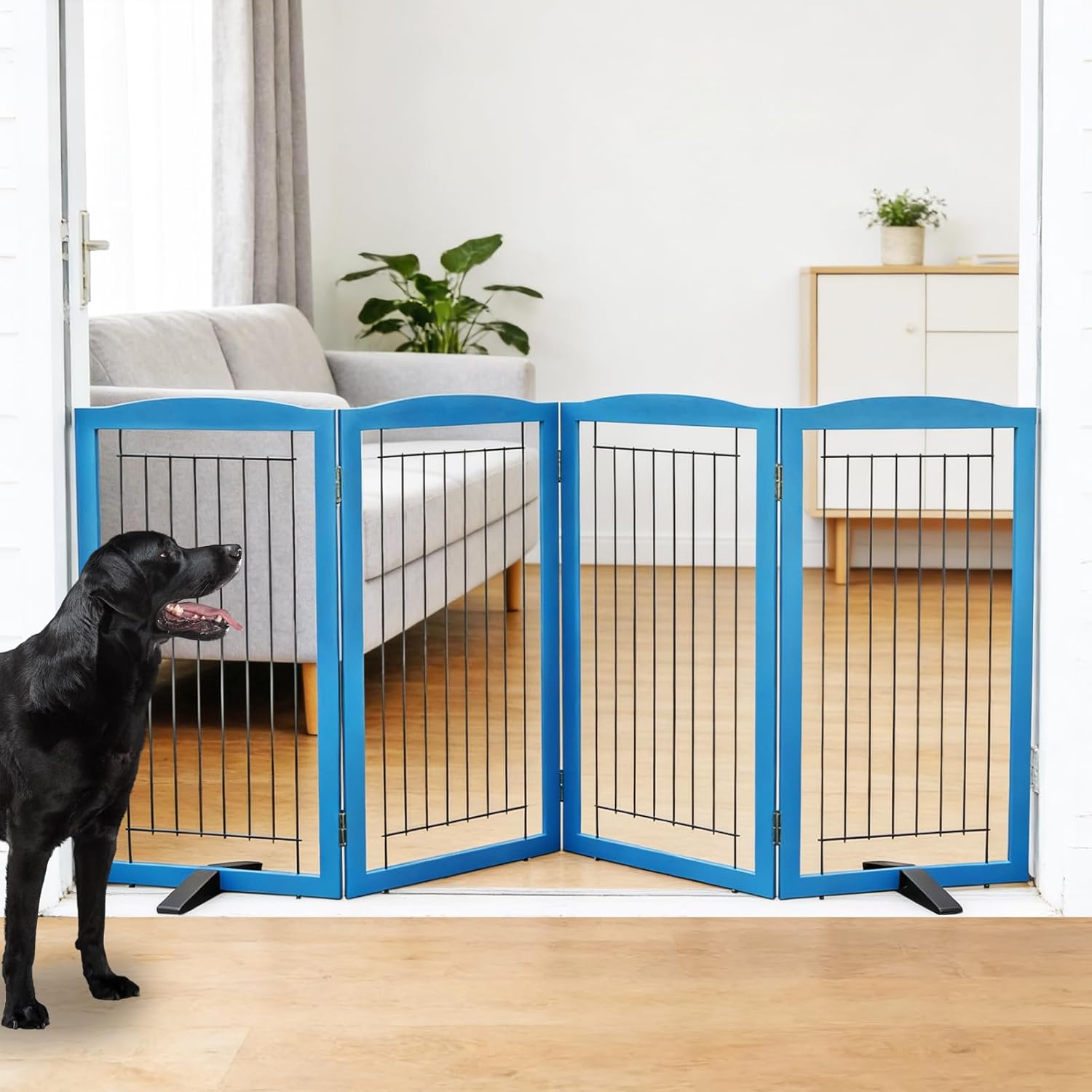 ZJSF Freestanding Dog Fence Indoor, Foldable Dog Gate for Doorways, Stairs or Hallways, Sturdy Wood Extra Wide Pet Gate with Support Feet for The House, Blue, 32 "Height-4 Panels