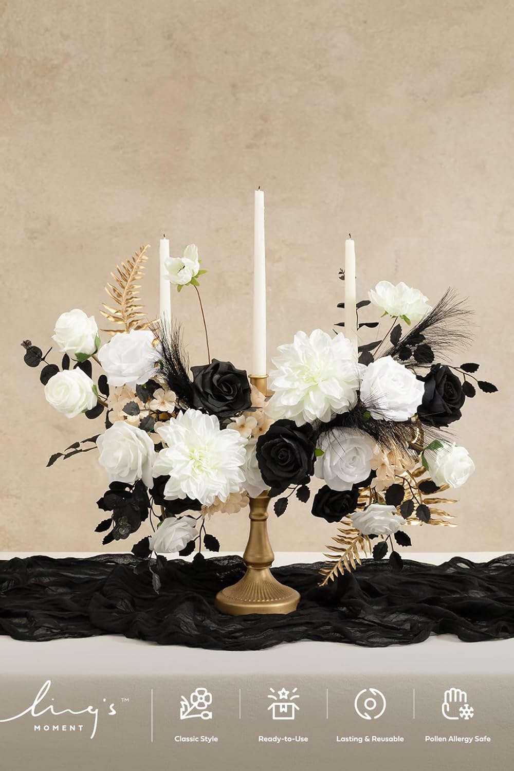 ling's moment fake flowers box, faux artificial greenery stems foam roses silk dahlia hydrangea eucalyptus fabic flower for centerpieces bouquet wedding vase, white & black & golden, deluxe combo wht-white & black & golden deluxe