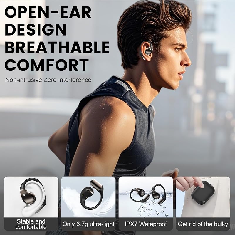Open-Ear Headphones, Bluetooth 6.0 Wireless Earbuds Powerful Sound, 40H Open Ear Earbuds with ENC Mic, Comfortable Ear Hooks/IP7 Waterproof/Fast Charging Earphones for Workouts/Running, Black image 4