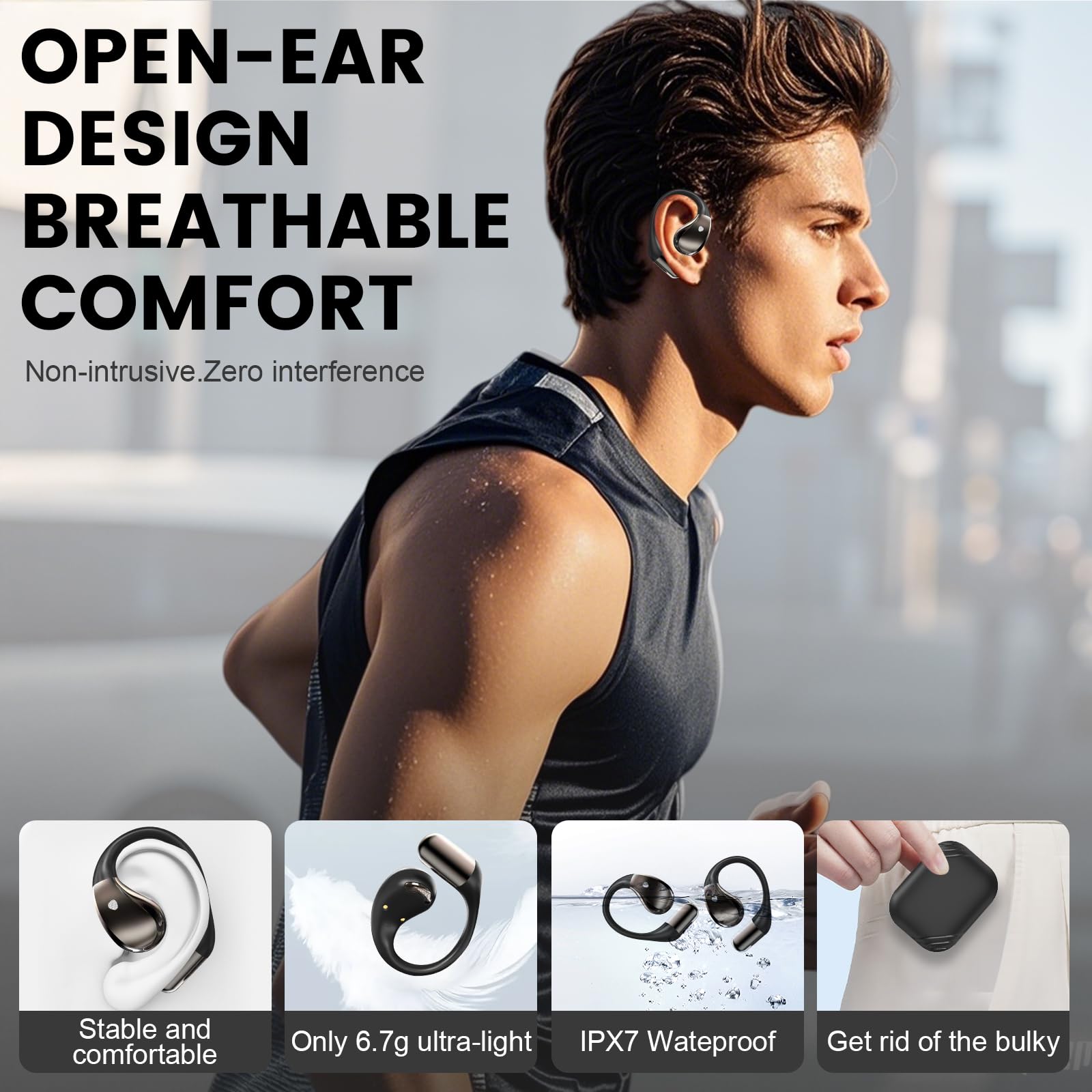 Cuffie Bluetooth 6.0 Open Ear, Microfono HD, 40 ore di autonomia, Display LED, IP7 impermeabili, Nero