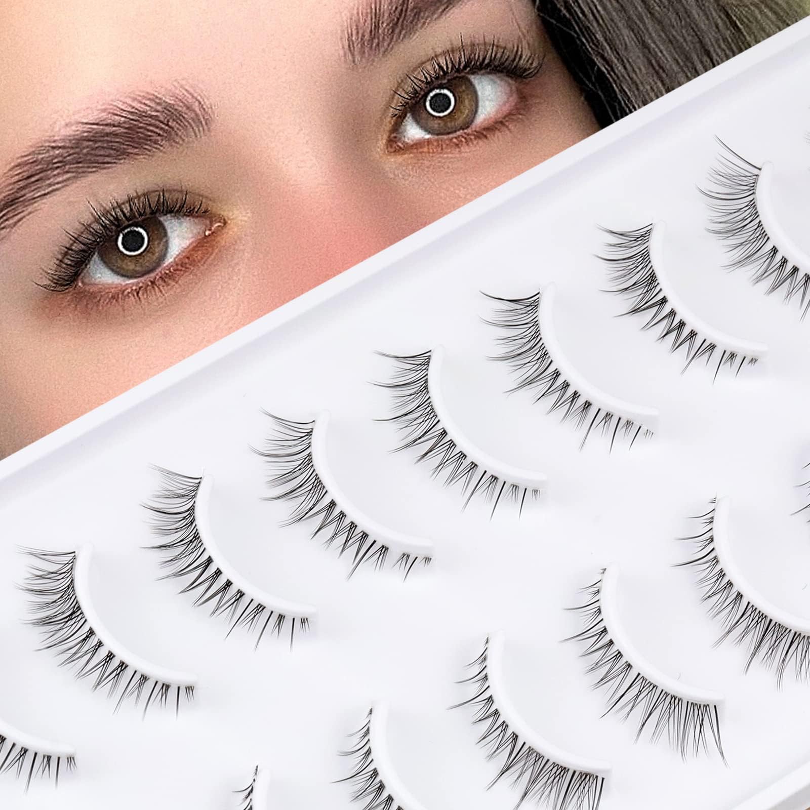 Wispy Lashes Cat Eye Lashes Natural Look False Eyelashes Natural Lashes with Clear Band 14mm 10 Pairs Spiky Fake Strip Lashes by EMEDA(DB3)