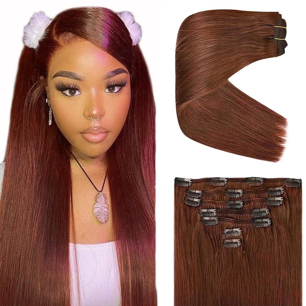 #33 Reddish Brown Clip in Hair Extensions Real Human Hair, 18 Inch 120g/7Pcs,Full Shine Remy Hair,Copper Red Straight Clip ins Brazilian Virgin Human Hair Extensions