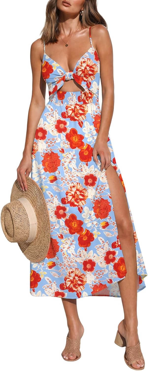 oten Womens Sleeveless V Neck Tie Front Cut Out Floral Maxi Sundress Spaghetti Strap Slit Flowy Summer Vacation Dress