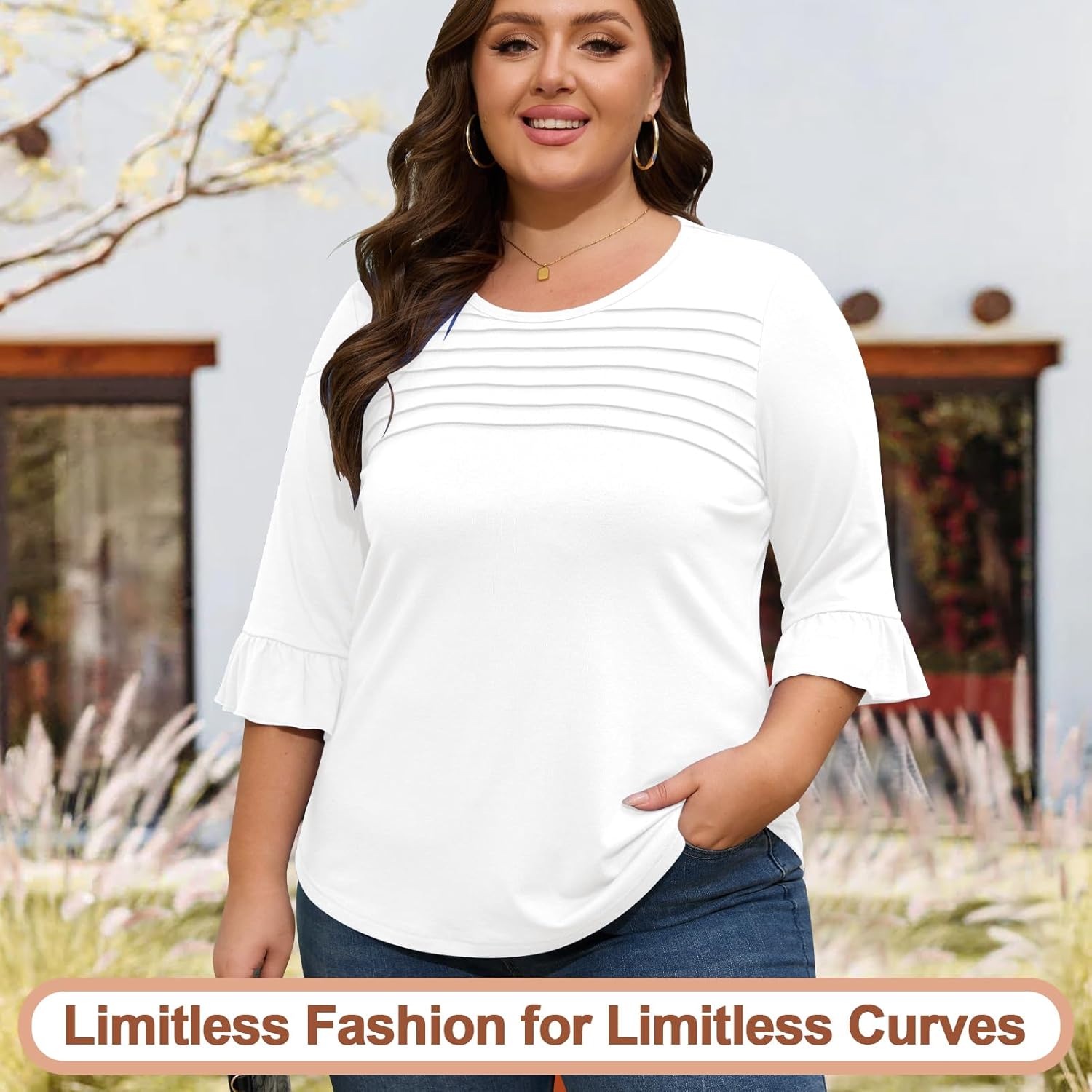 Blingfit Womens Tops 3/4 Length Sleeve Dressy Casual Shirts Bell Sleeve Front Pleated Fasion Trendy Summer Blouses 2026 - Image 5