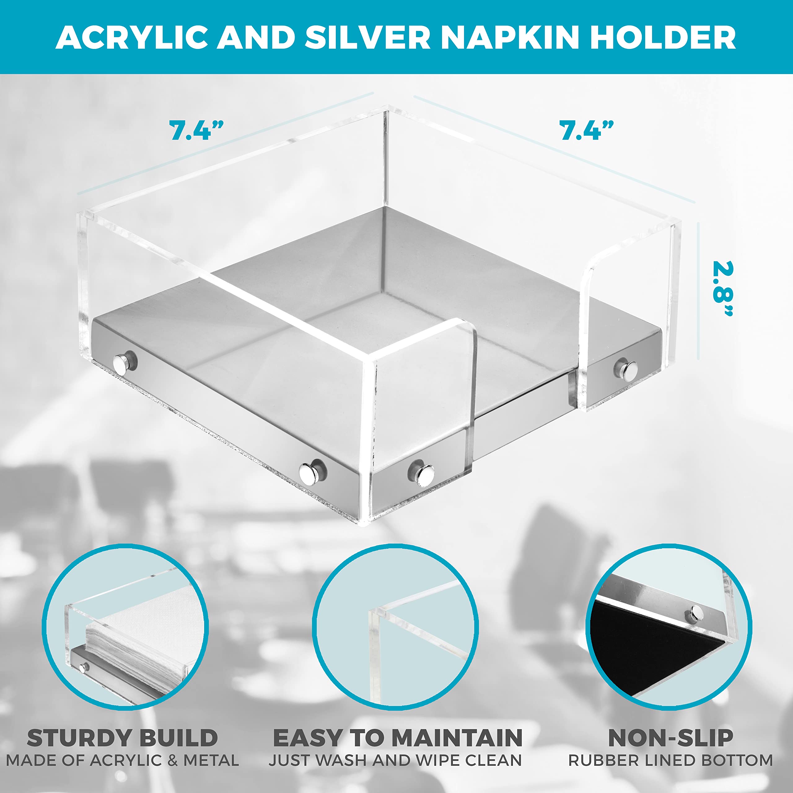 Servilletero moderno para cocina, servilletero sentado para mesas, acrílico transparente y base de acero plateado, decoración de cocina y comedor