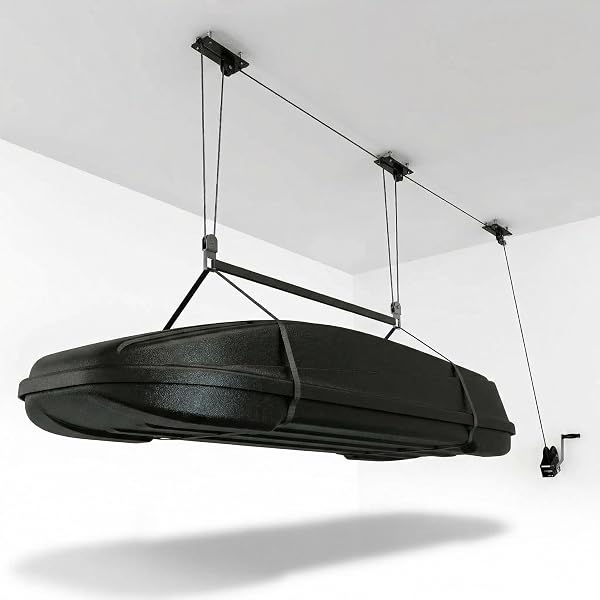 Palan De Plafond Pour Coffre De Toit, Système De Levage Pour Garage Jusqu’à 90 kg, Pour Plafonds De 3 à 5,5 m, Sangles Réglables, Double Point d’Ancrage, Rangement Suspendu Pour Coffre De Toit, Kayak - 1