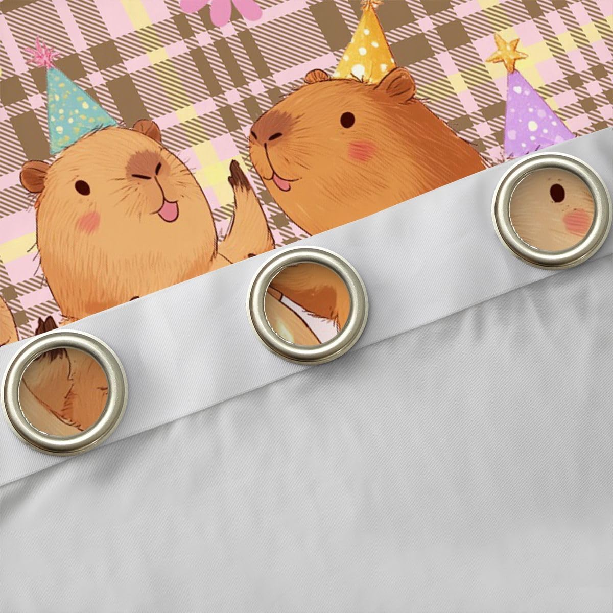 Castle Fairy Cartoon Capybara Bedroom Curtains Boho Gingham Bookshelf Window Drapes for Kids Birthday Cake Blackout Drapes Window Treatments Grommet Top 42Wx84L Inch 2 Panel Set,Pink Brown