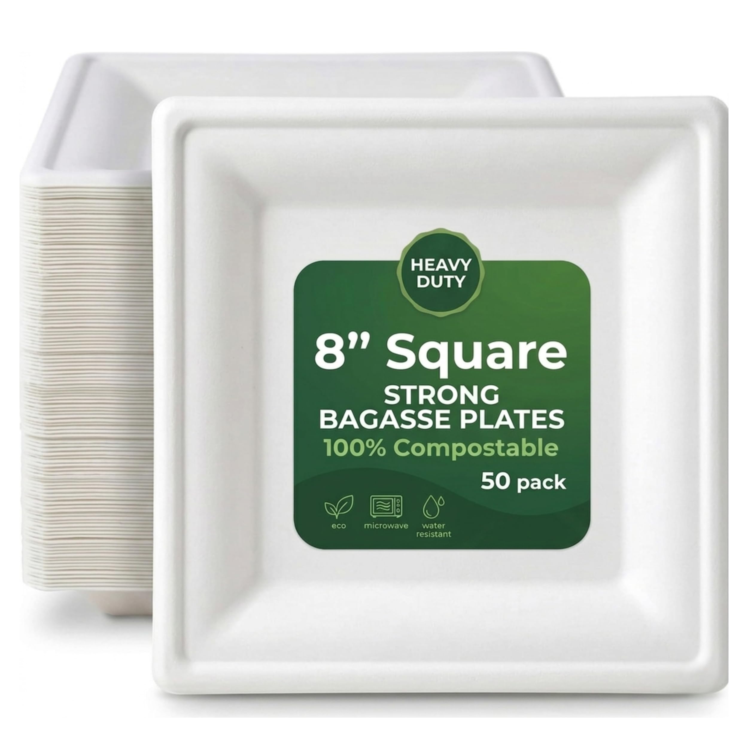 Ask Packaging Strong Paper Plates (8 Inch - 50 Pack) 100% Compostable Square Disposable Bagasse Plates - Heavy Duty Eco-Friendly Biodegradable Sugarcane Plate for Parties – Microwave & Freezer Safe