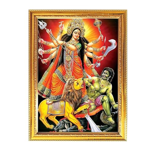 The India's Store Durga Maa God Photo With Golden Frames For Pooja Indian Worship Religious Ritual House Warming Wall Table Puja Room 11.8 X 15.7