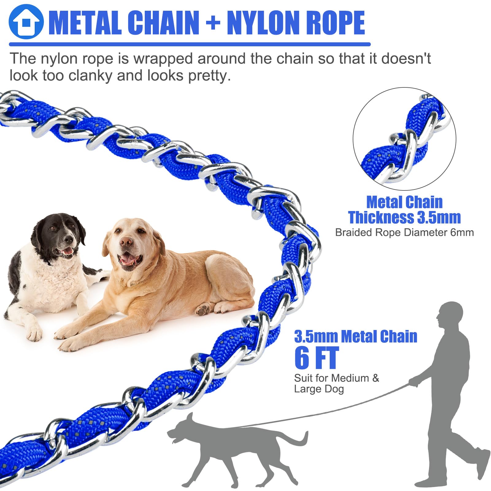 Homimp Chain Reflective Metal Dog Leash Anti-Chew for Large Dogs 1.8 m and Padded Handle Soft Comfortable Anti-bite and Durable with Rope - Image 4