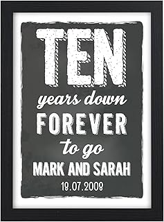 Personalised 10 Years Down Forever To Go Print Picture Gifts for 10th Wedding Anniversary Gifts Couples - PERSONALISED for ANY Wedding Anniversary 1st, 2nd, 5th, 10th, 50th - Black or White Frame