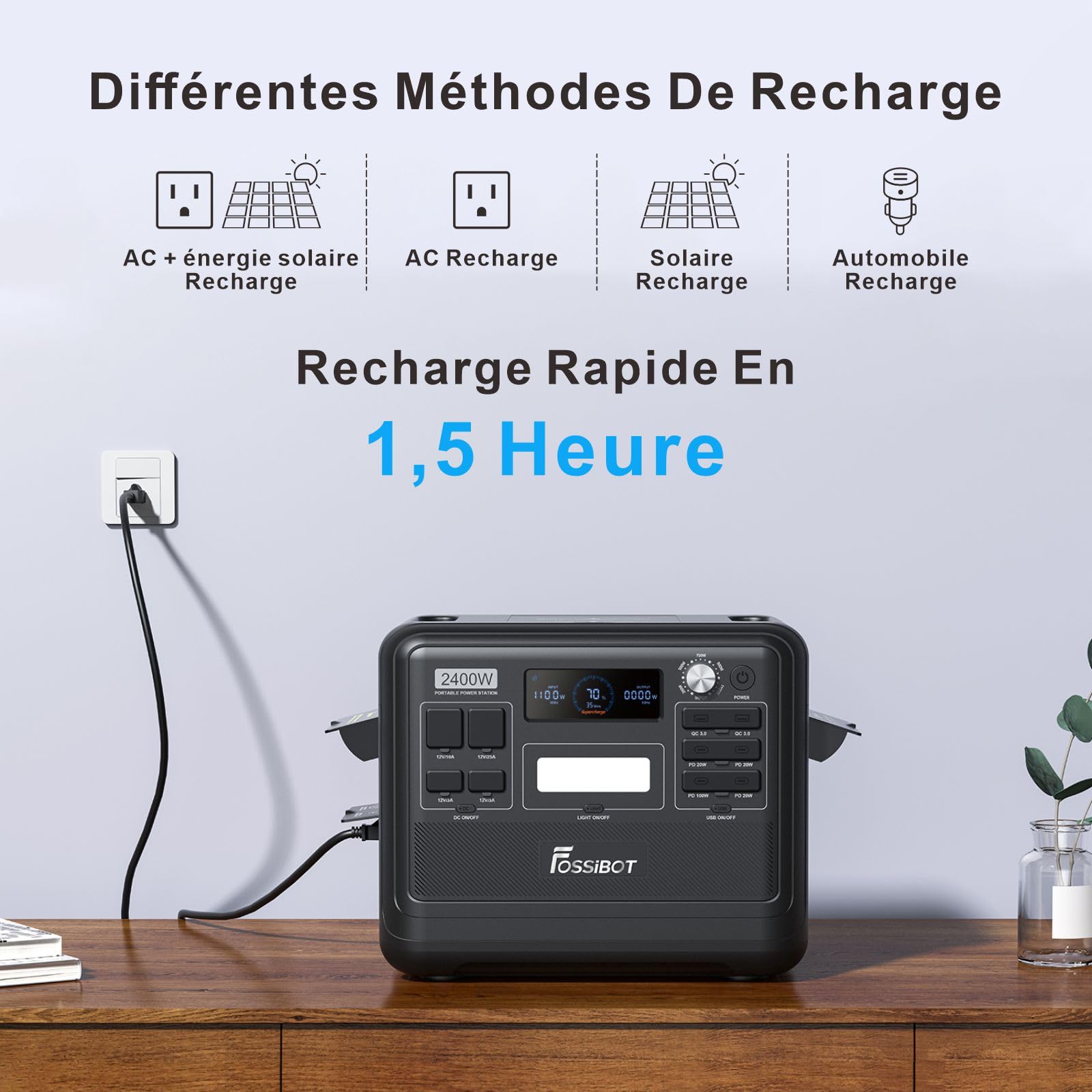 FOSSiBOT F2400 Générateur Solaire 2048Wh LiFePO4 Generateur Electrique Portable UPS, 3 Sortie CA 2400W (4800W Max)