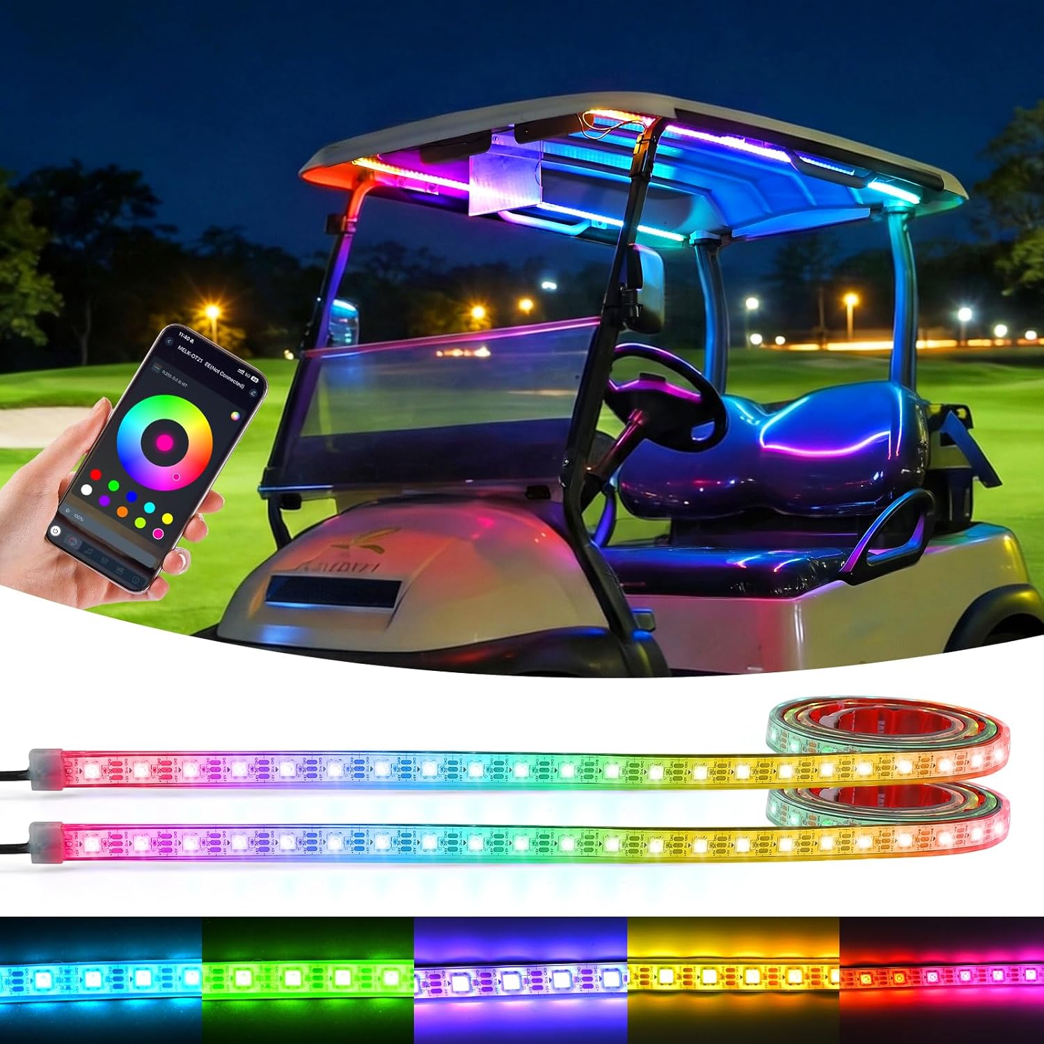 Golf Cart Canopy Light Golf Cart Roof Light for EZGO Yamaha Club Car Boat 2 Pcs 47.25 Inches Cart Roof Light with Remote and APP Control (USB Powered)