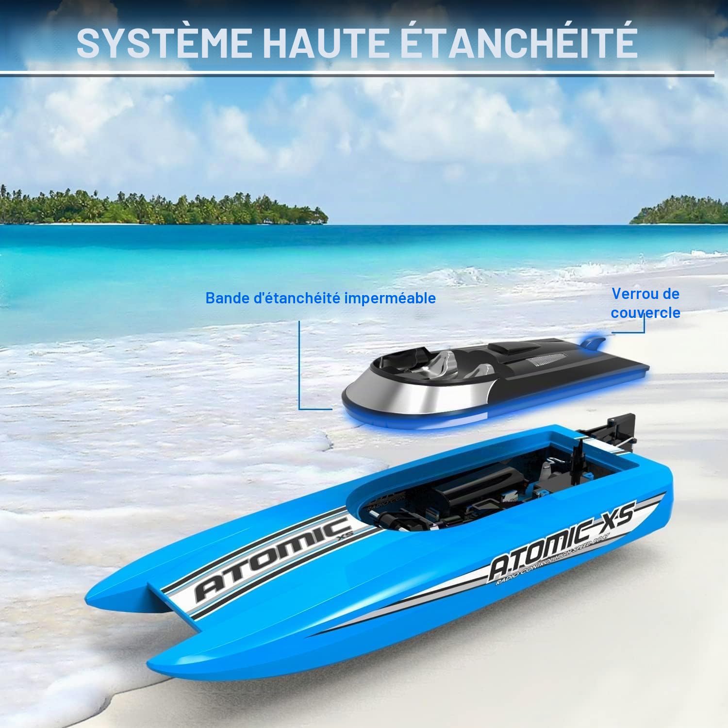 volantexrc Bateau Télécommandé, RC Bateau débutant, 2,4 GHz Haute Vitesse Bateaux avec Alarme de Batterie Faible pour Adultes (Atomic XS)