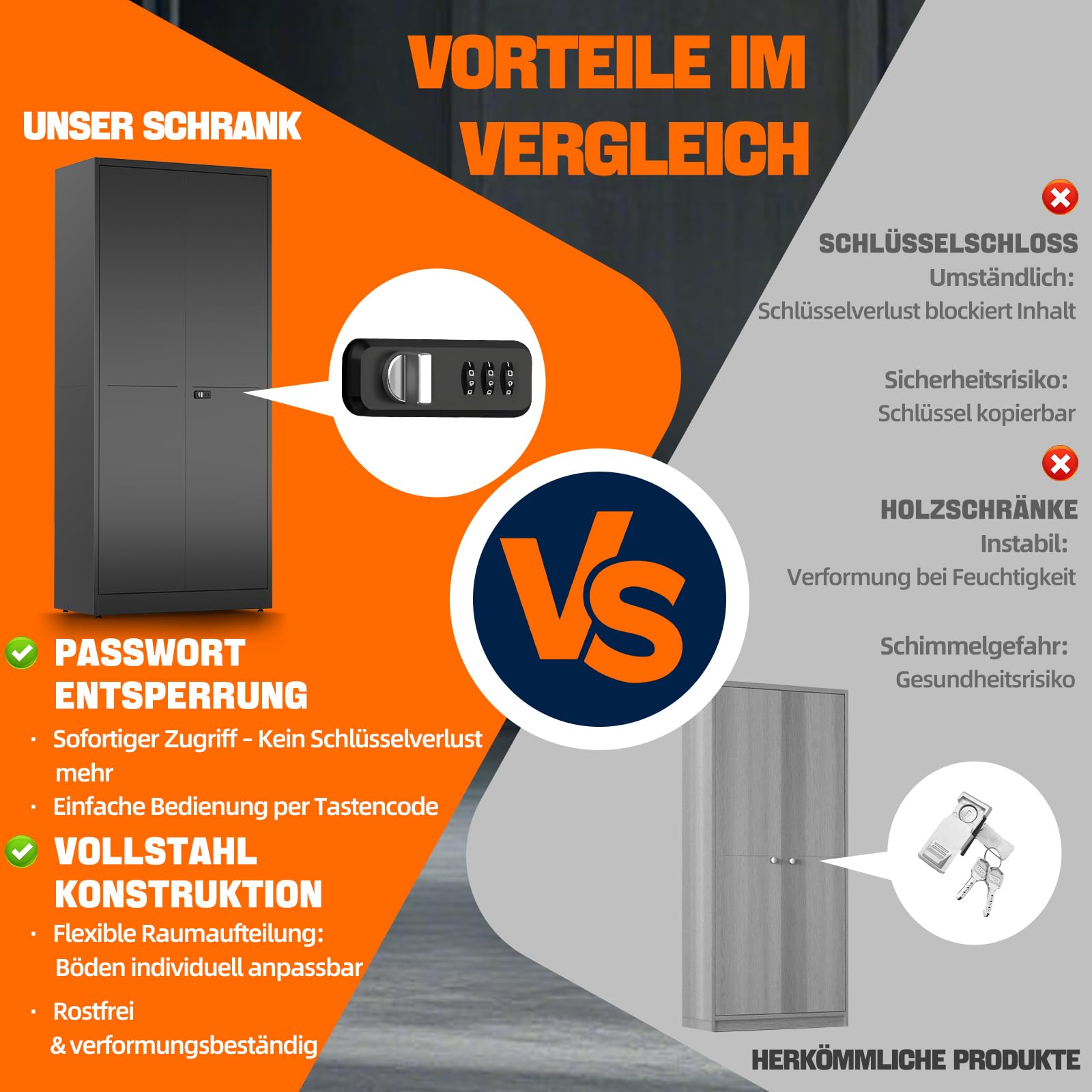 Aufbewahrungsschrank mit 2 Türen, Stahlspind, Abschließbarer Metallschrank mit Zahlenschloss, Verstellbare Regale, 180x80x40 cm, Mehrzweckschrank für Büro Garage & Haushalt, Schwarz