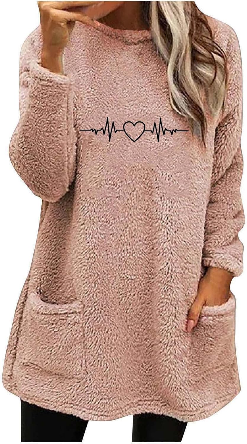 Long Sleeve Tops for Women Fall Crew Neck Sherpa Fleece Sweatshirts Dandelion Graphic Warm Shirts Pockets