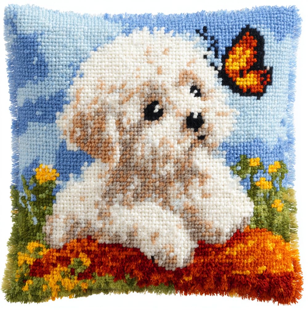Taxpy Latch Hook Kits for Adults,Bichon Frise and Butterfly/3D DIY Pre-Printed Craft Latch Hook Pillow Kits Fit for Throw Pillow Cover Sofa Cushion Cover,17X17 in