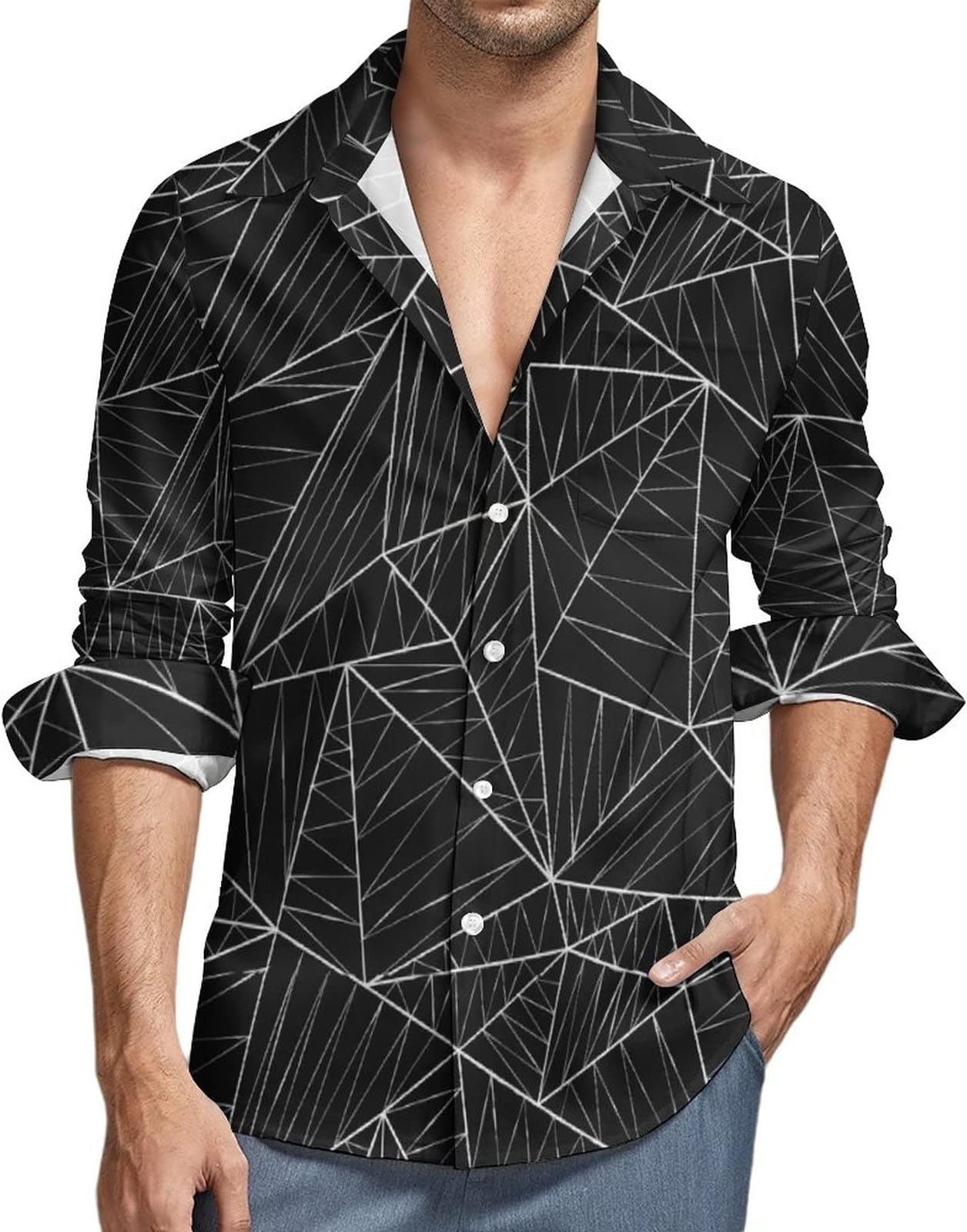 Geometry Triangle Mens Graphic Long Sleeve Button Down Shirt Stylish Dress Shirt