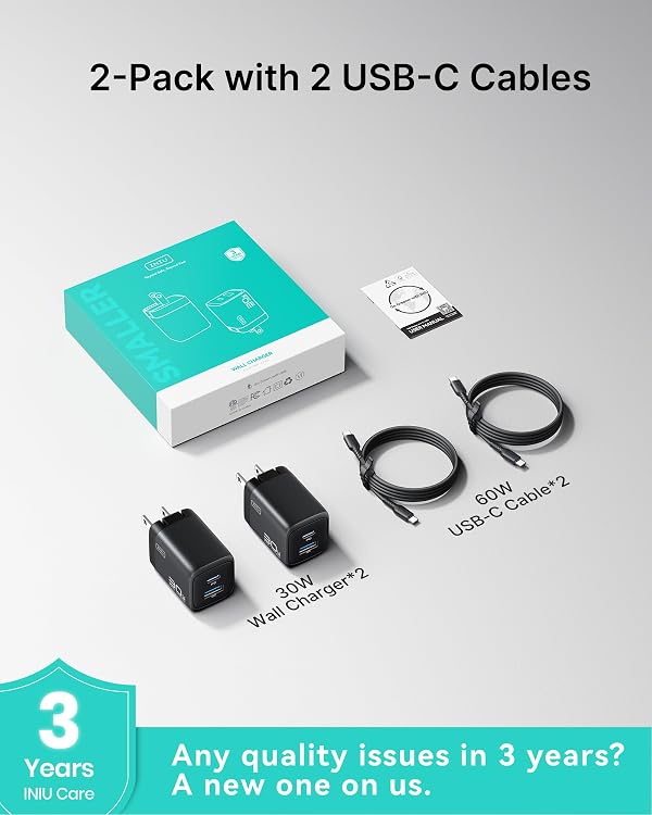 INIU Mini USB C Charger, 30W GaN Fast Charging ETL Certified Wall Adapter Block with Samrt Phone Protection, Dual Port with 5ft Type C Cable for iPhone 17 iPad Samsung Google Pixel Switch etc [2-Pack] by INIU - Image 7