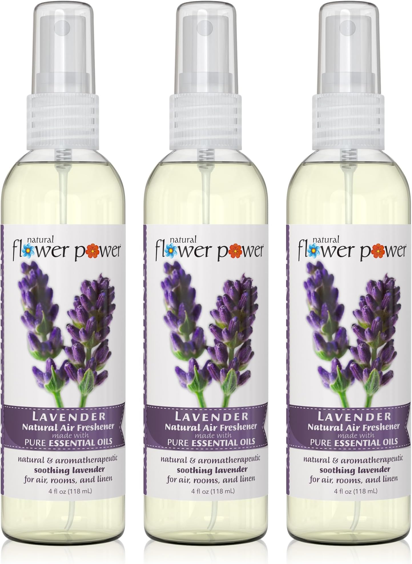 Natural Flower Power Air Freshener Spray - Odor Eliminator with Essential Oils for the Home, Car & Fabric - Cruelty Free & Vegan - 3 Pack - Lavender - 3 x 4 oz