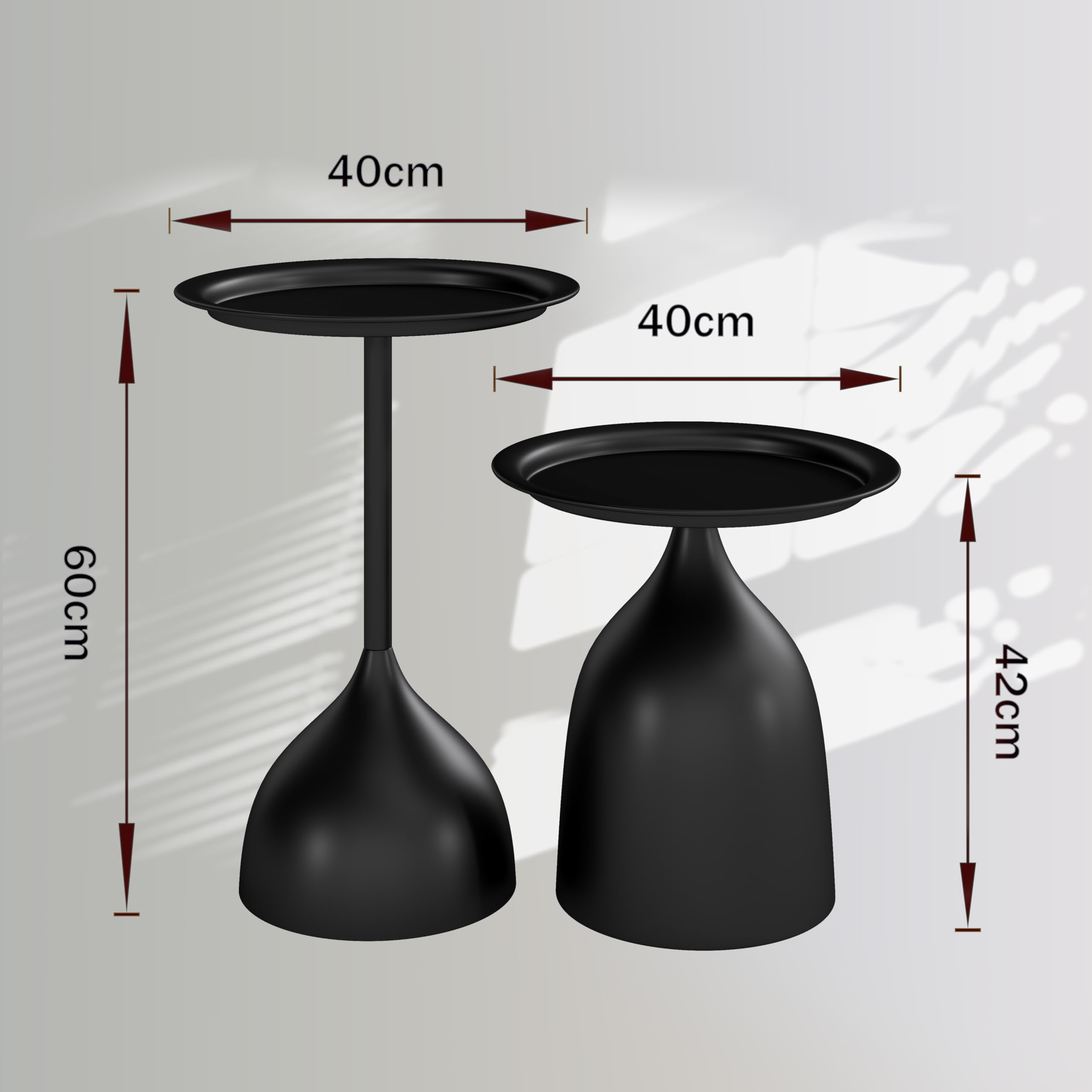 Juego de 2 Mesas Auxiliares Redondas Mesa de Centro Moderna de Metal Negro, Mesitas de Sofá para Salón con Borde de Bandeja (40x60 cm y 40x42 cm)