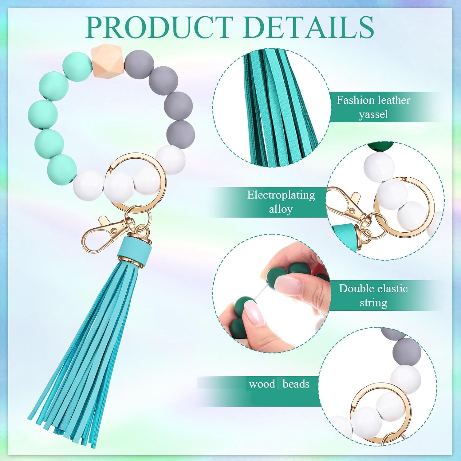 Kigeli 6 Pcs Beaded Wristlet Keychain for Women, Wood Boho image 3
