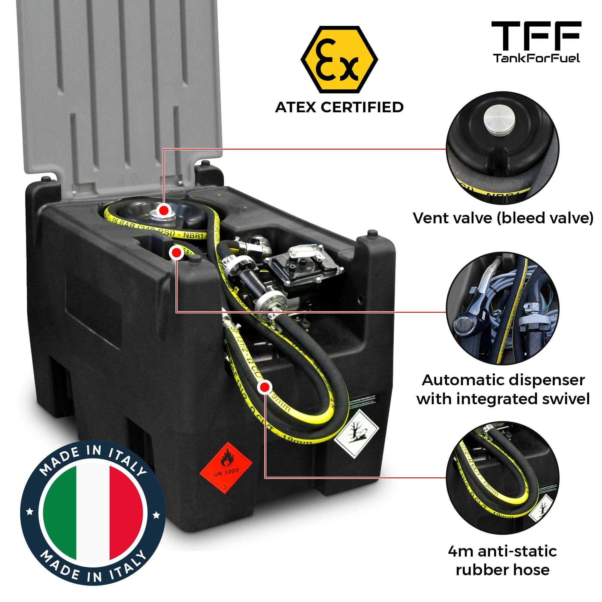 TFF Tragbarer Benzintank 220 Liter ATEX-zertifiziert, Fördermenge 50 L/min, 12V-Kraftstoffpumpe mit Batteriekabel, Antistatischer Schlauch 4 m, Geeignet für Landwirtschafts- und Industriefahrzeuge