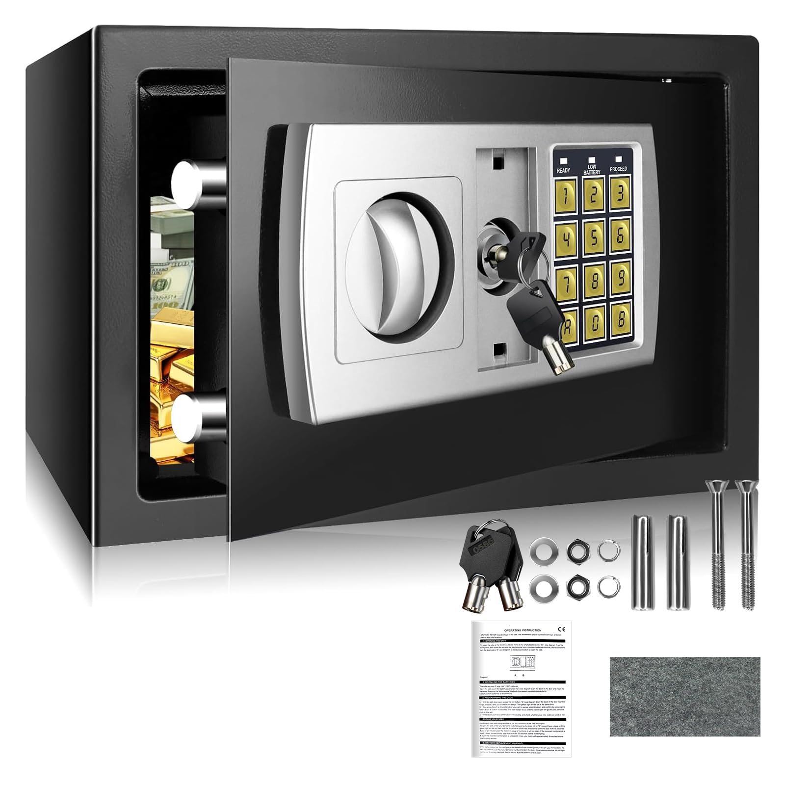 Cassaforte impermeabile ignifuga per la casa con serratura a chiave, cassaforte portatile da 8,5 l, per contanti, medicinali, gioielli, nero, 30 L x 20 P x 20 H cm
