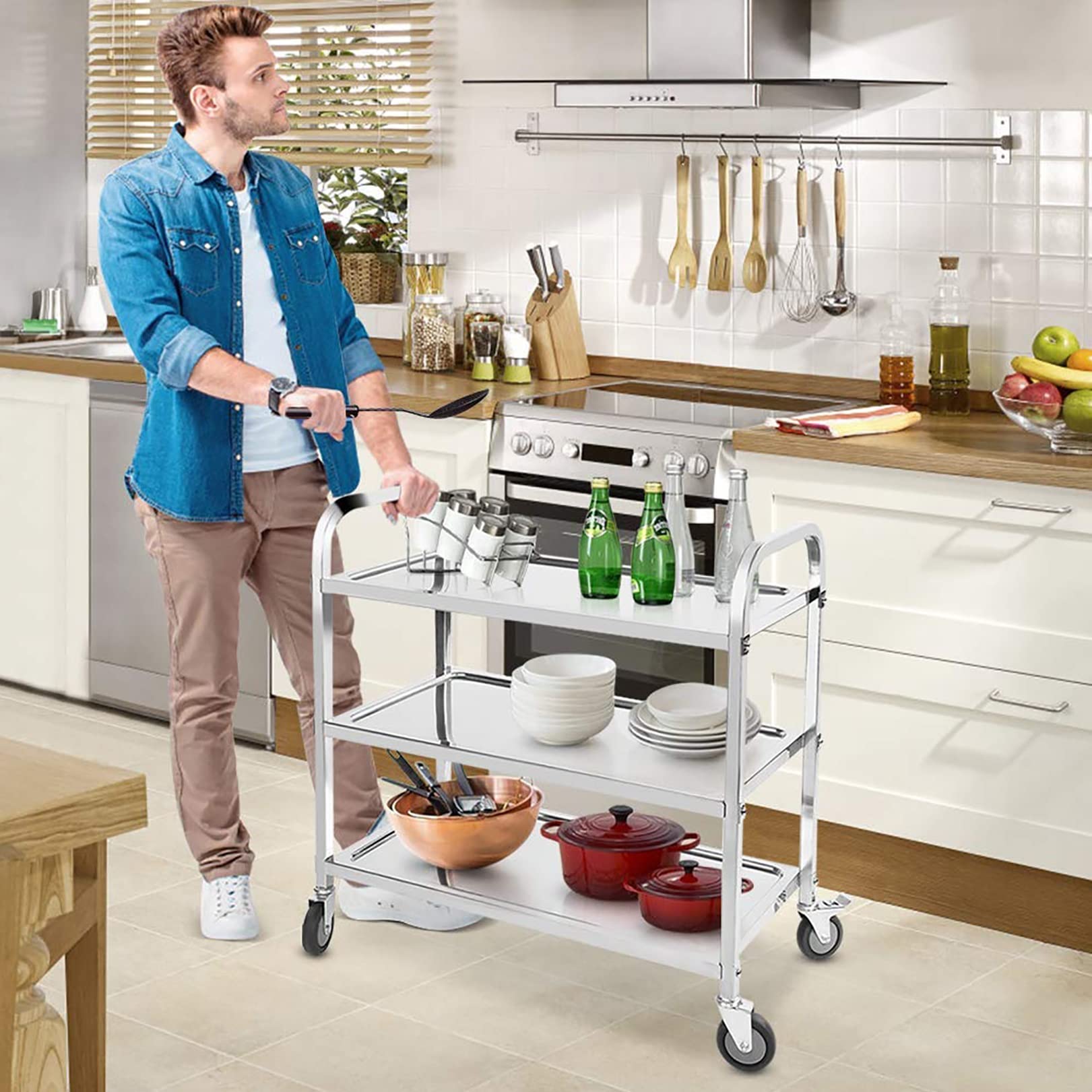 Carrello da catering in acciaio inox – Carrello di servizio da ristorante con 3 vassoi e 4 freni, ideale per cucina e buffet, 95 x 50 x 95 cm, resistente