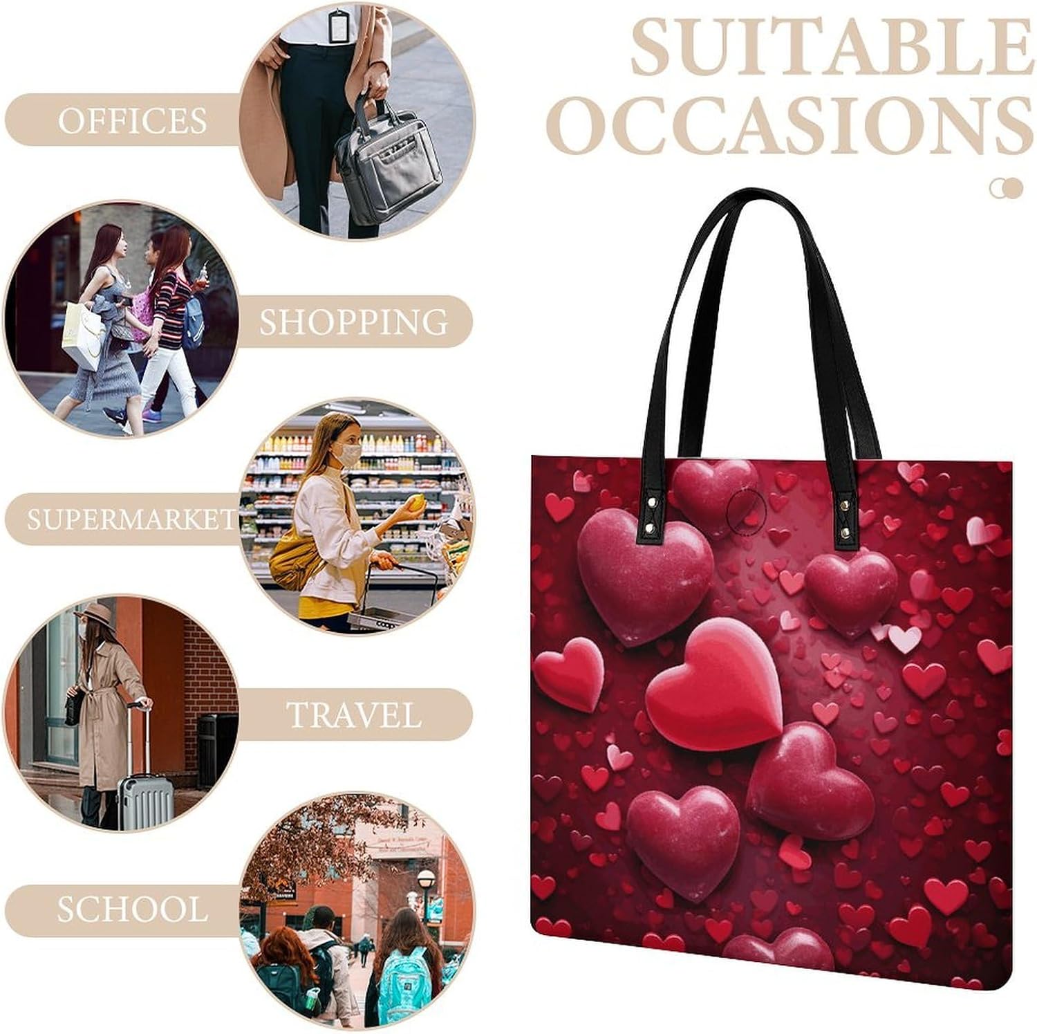 Valentines Love Hearts Tote Bag with Magnetic Buckle Reusable Grocery Bags Lightweight Cross Body Handbag for Daily Essentials