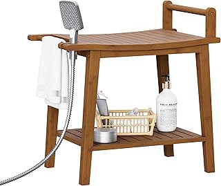 Bamboo Shower Bench, Waterproof Wooden Stool with Storage Shelf, Shower Chair for Inside Shower, Spa & Shaving Bath Seat for Adults Elderly, Bathroom, Living Room, Bedroom (Brown, 22in)