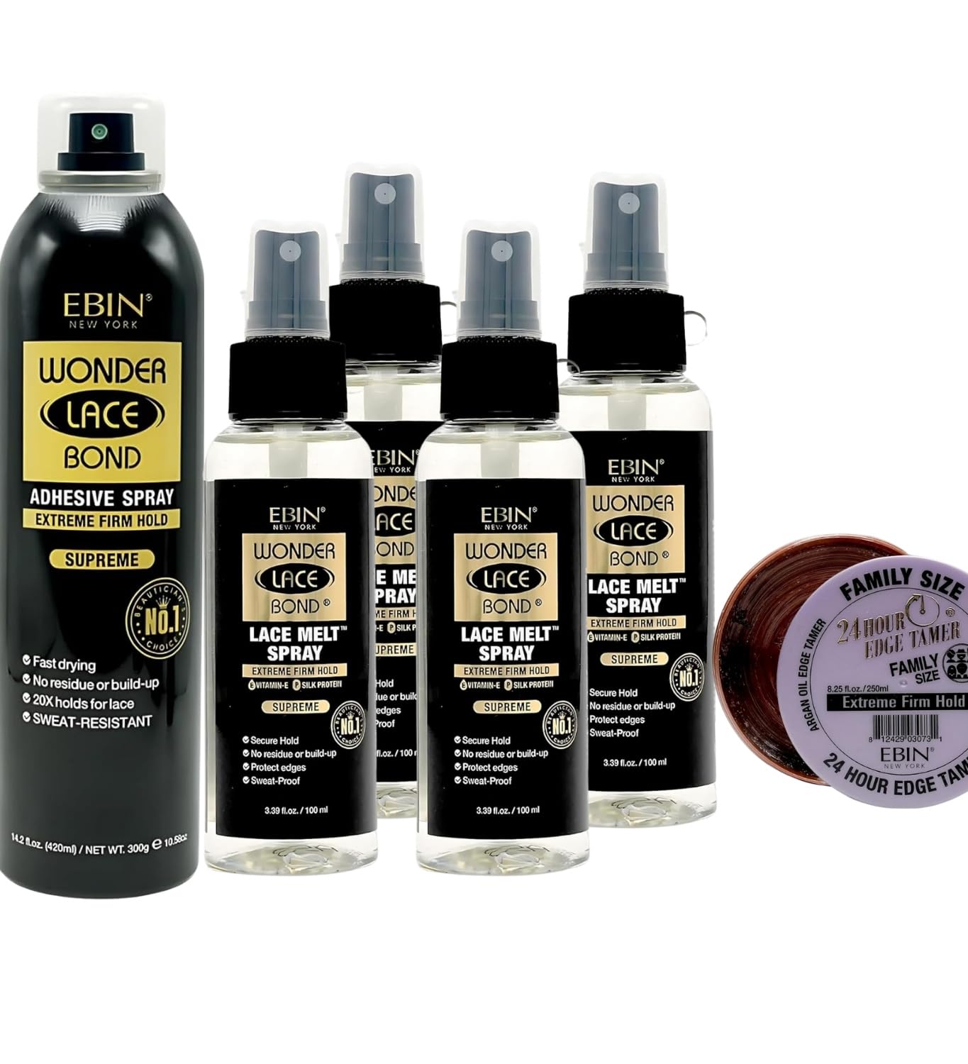 Lace Glue – 4X Wonder Lace Bond Melt Spray (Mini) 100 ml - Supreme & 1x Wig Adhesive Spray 420 ml Bundle with 24 Hour Edge Tamer - Extreme Firm Hold 8.25 oz by EBIN NEW YORK – Gift Set (6 Items)