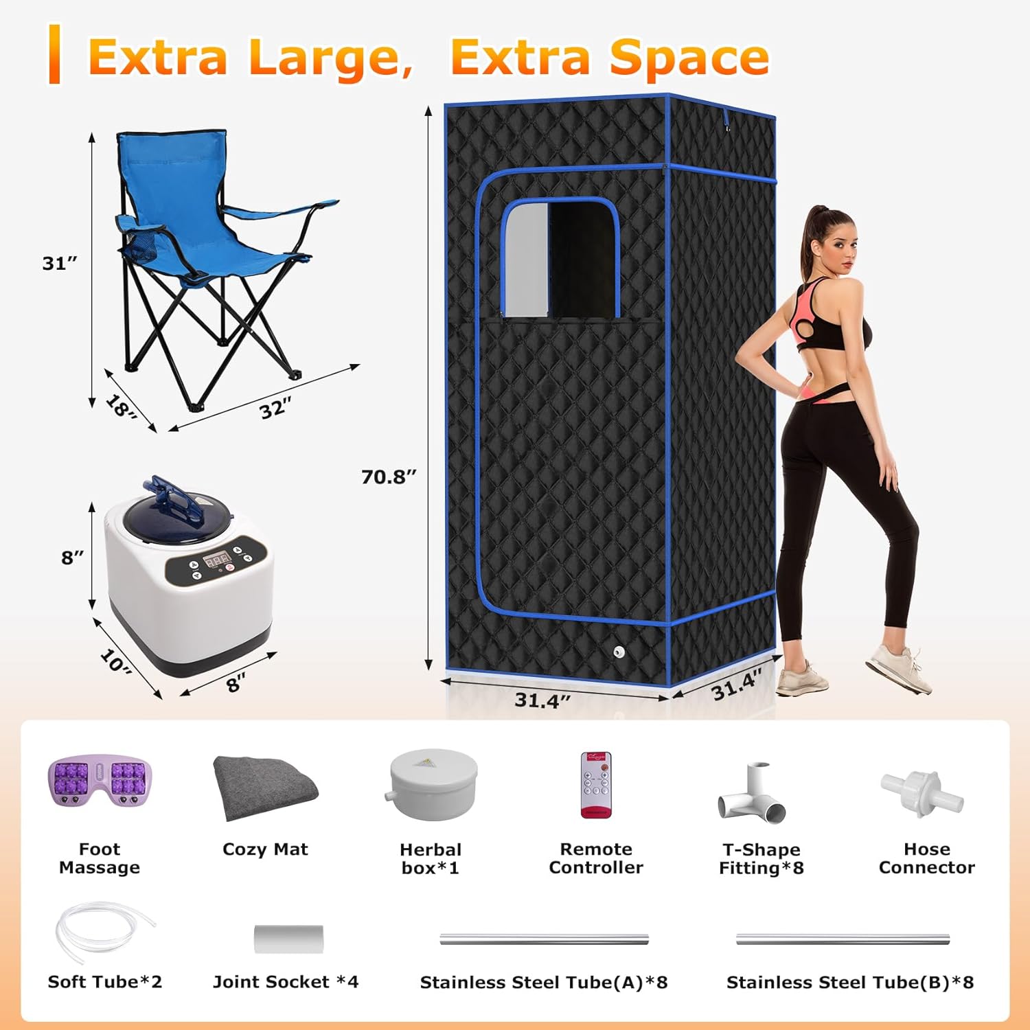 Slendor Portable Sauna, Steam Sauna for Home, Sauna Box with 3L Steamer, Sauna Tent with Folding Chair, Indoor Sauna with Remote Control, 9 Levels at Home Sauna, Portable Sauna 2.6’ x 2.6’ x 5.9’