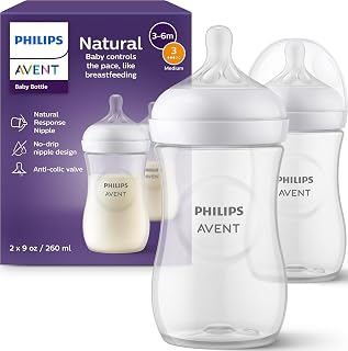 Philips Avent Natural Baby Bottles, Medium Flow, 9 oz, BPA-Free, 2-Pack | Baby-Controlled Flow, No-Drip Design, Reduces Colic and Gas with Anti-Colic Valve, SCY903/02