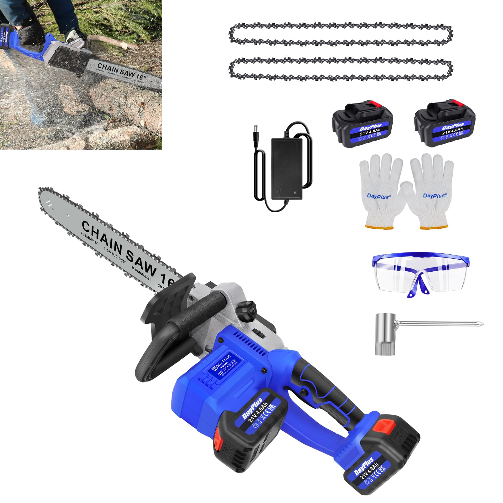 Motosierra eléctrica inalámbrica de 16 pulgadas con motor sin escobillas, sierra eléctrica potente con sistema de aceite automático, motosierra de batería para jardín con 2*4000mAh baterías+2 cadenas