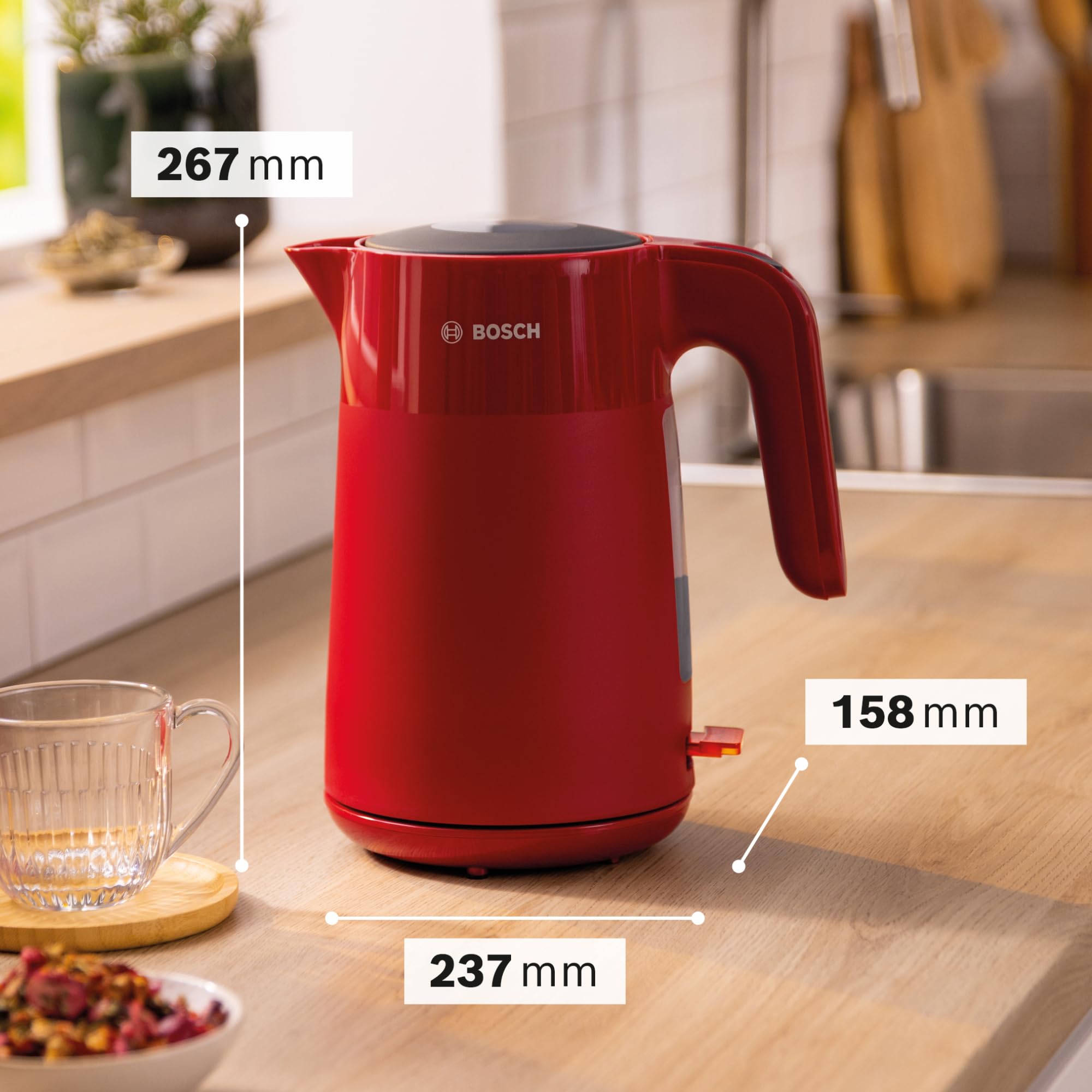 Bosch kabelloser Wasserkocher MyMoment TWK2M164, Abschaltautomatik, Überhitzungsschutz, Tassenanzeige, entnehmbarer Kalkfilter, Trockengehschutz, Dampfstopp-Automatik, 1,7 L, 2400 W, Rot matt