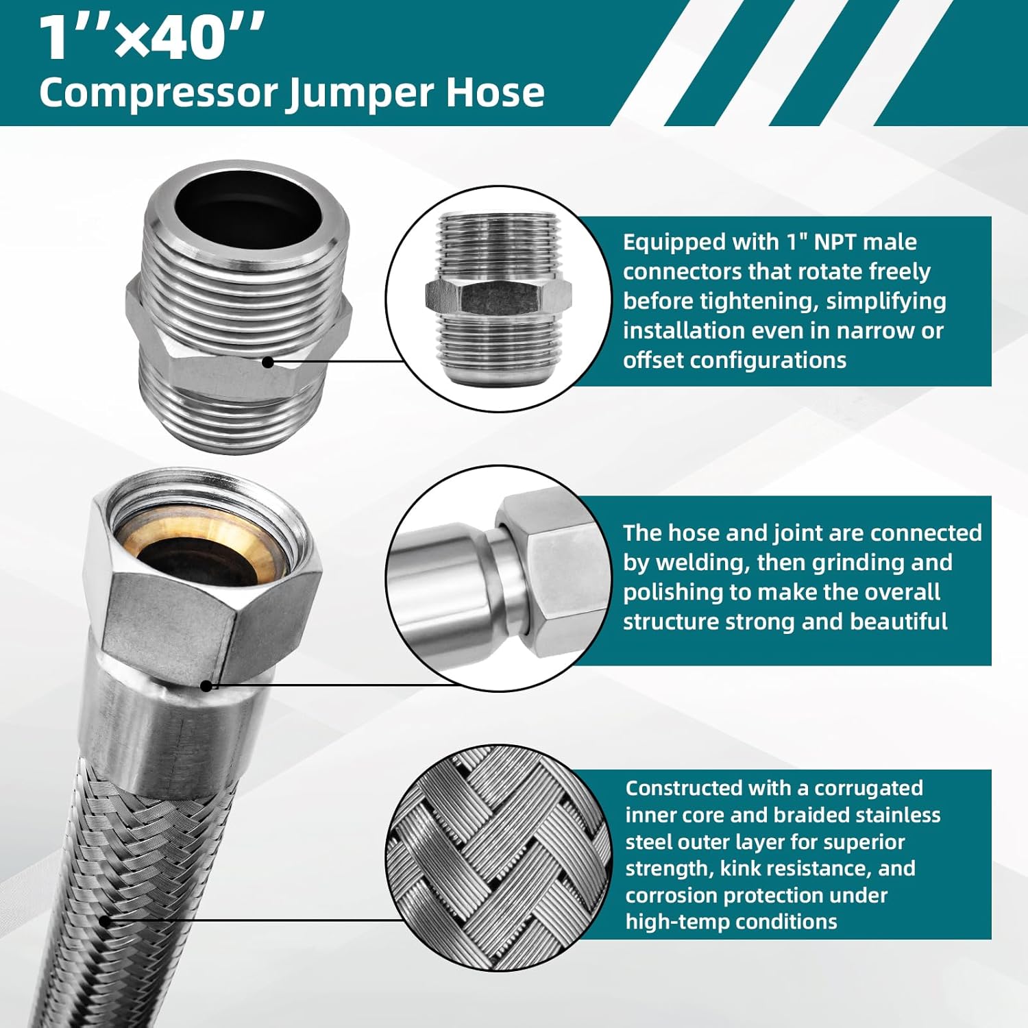 Compressor Jumper Hose, 1-inch NPT Male Head, 40" Length, 450 PSI, 750°F, Freely Rotating Stainless Steel Metal Hose with Connectors on Both Ends