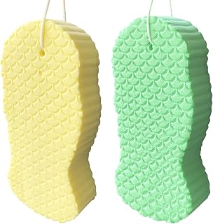 2PCS Exfoliating Bath Sponge, 3D Bath Sponge Shower Brush, Soft Bath Sponges for Shower, Dead Skin Remover for Body, Shower Sponge for Adult Baby(Green&Yellow)