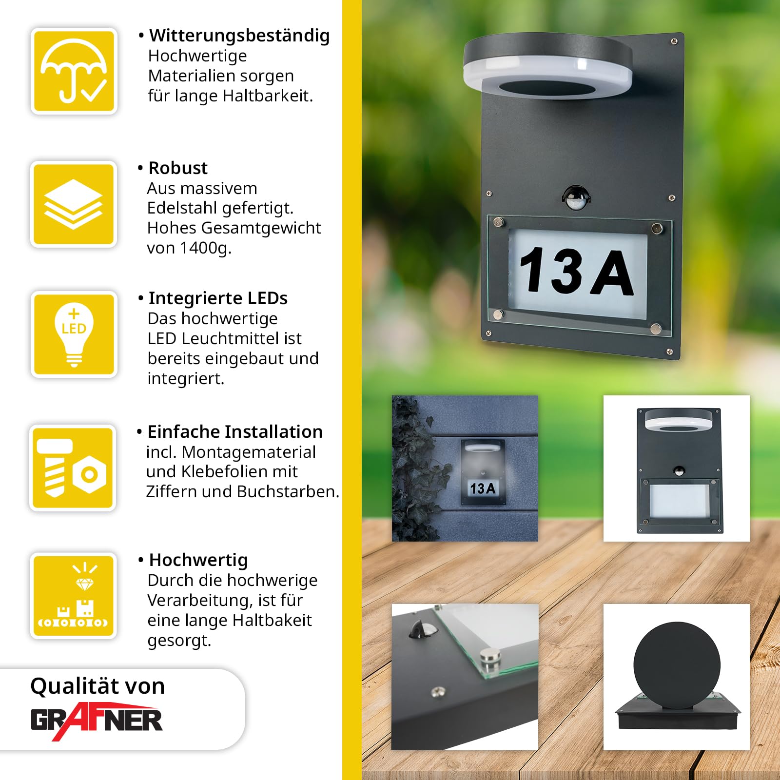 Grafner 2in1 Edelstahl Wandlampe mit beleuchteter Hausnummer und Bewegungsmelder, Dämmerungssensor, KEIN ROST – pulverbeschichtet, schwarz, Hausnummernleuchte Wandleuchte anthrazit