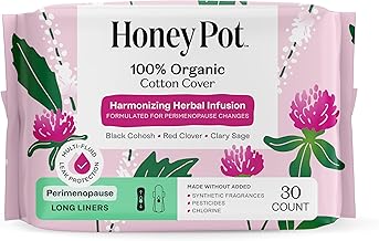 Honey Pot - Perimenopause Long Panty Liners for Women - 100% Organic Cotton Top Sheet - Feminine Care - Multi-Fluid Absorbency - Harmonizing Herbs of Black Cohosh, Clary Sage, & Red Clover - 30ct
