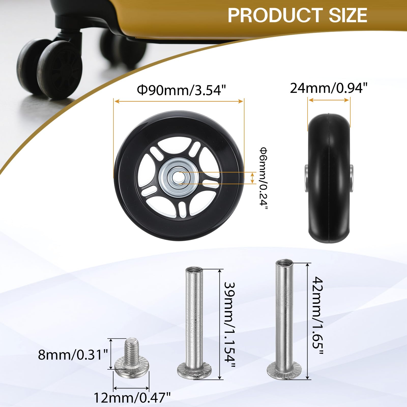 HiPicco - Roues de rechange pour valise, kit de réparation avec roulements pivotants en caoutchouc 90x24mm - Inclus 2 roues avec roulements en PU, rondelles, clés et vis d'essieu pour chariot à