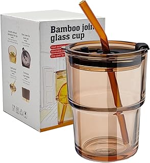 13oz/400ml Glass Tumbler with Straw and Lid, Iced Coffee Cups with Lids, Iced Tea, Thick Wall Insulated Glass Cup,Reusable Iced Coffee Cup (Amber)