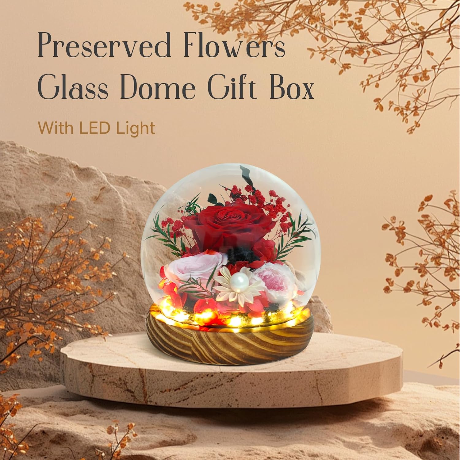RENAISSANT Preserved Red Roses in Glass Dome - Eternal Flowers, Forever Roses with LED Light, a Unique Gift for Girlfriend, Wife, or Mom to Celebrate Christmas (Prime Delivery) - Image 3