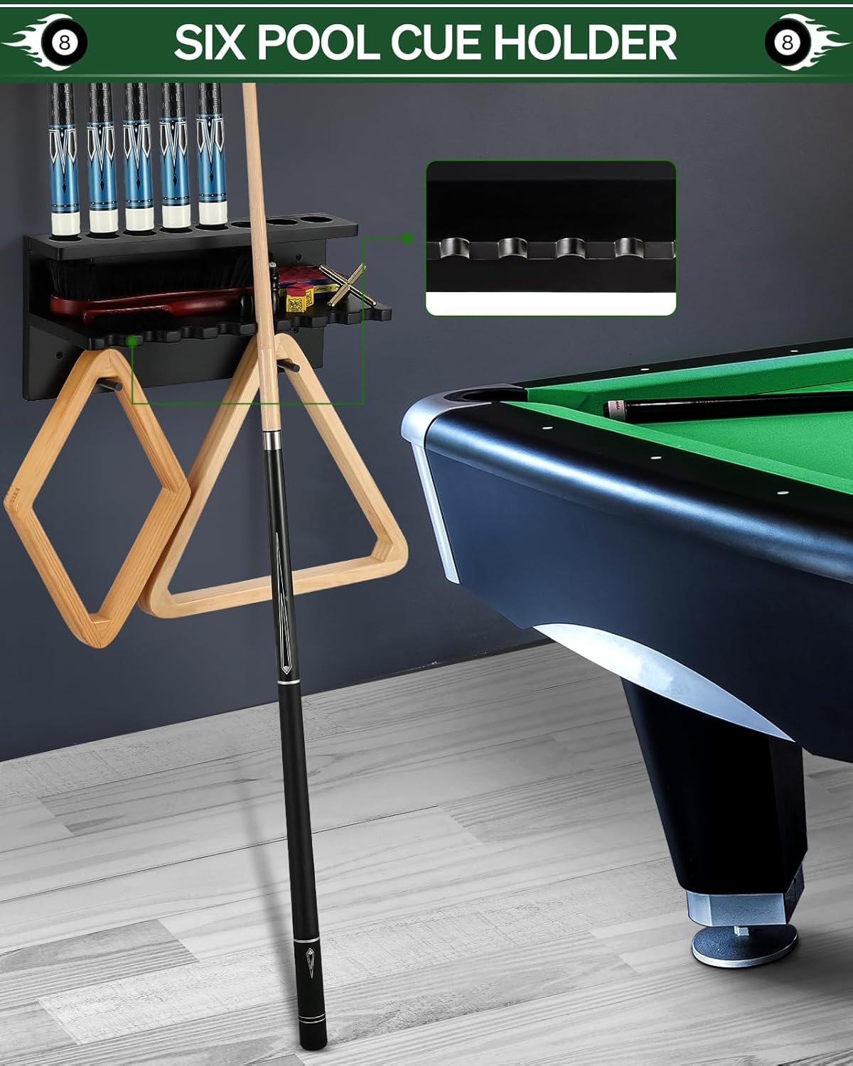 EXTCCT Pool Cue Rack Stick Holder Billiards Pool Cue Rack Hardwood Pool Cue Set Holder for 8 Cues Sticks Storage Pool Table Accessories Equipment Organizer