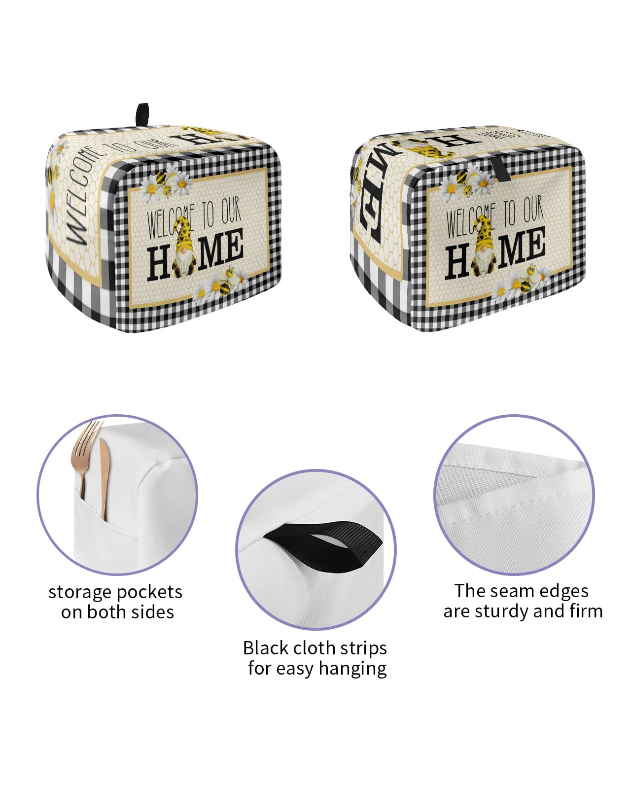 Welcome To Our Home Toaster Cover 2 Slice, Small Kitchen Appliance Covers, Spring Bees Gnomes Daisy Black White Plaid Toaster Oven Cover with Loop, Bread Machine Cover Polyester Dust Cover Protection